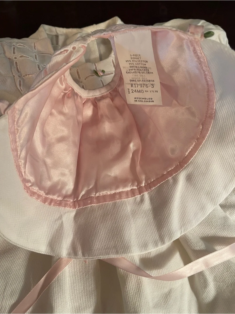 Bonnie Baby White Dress with Pink Ribbon Trim and Bonnet Girls Baby Size 24mo